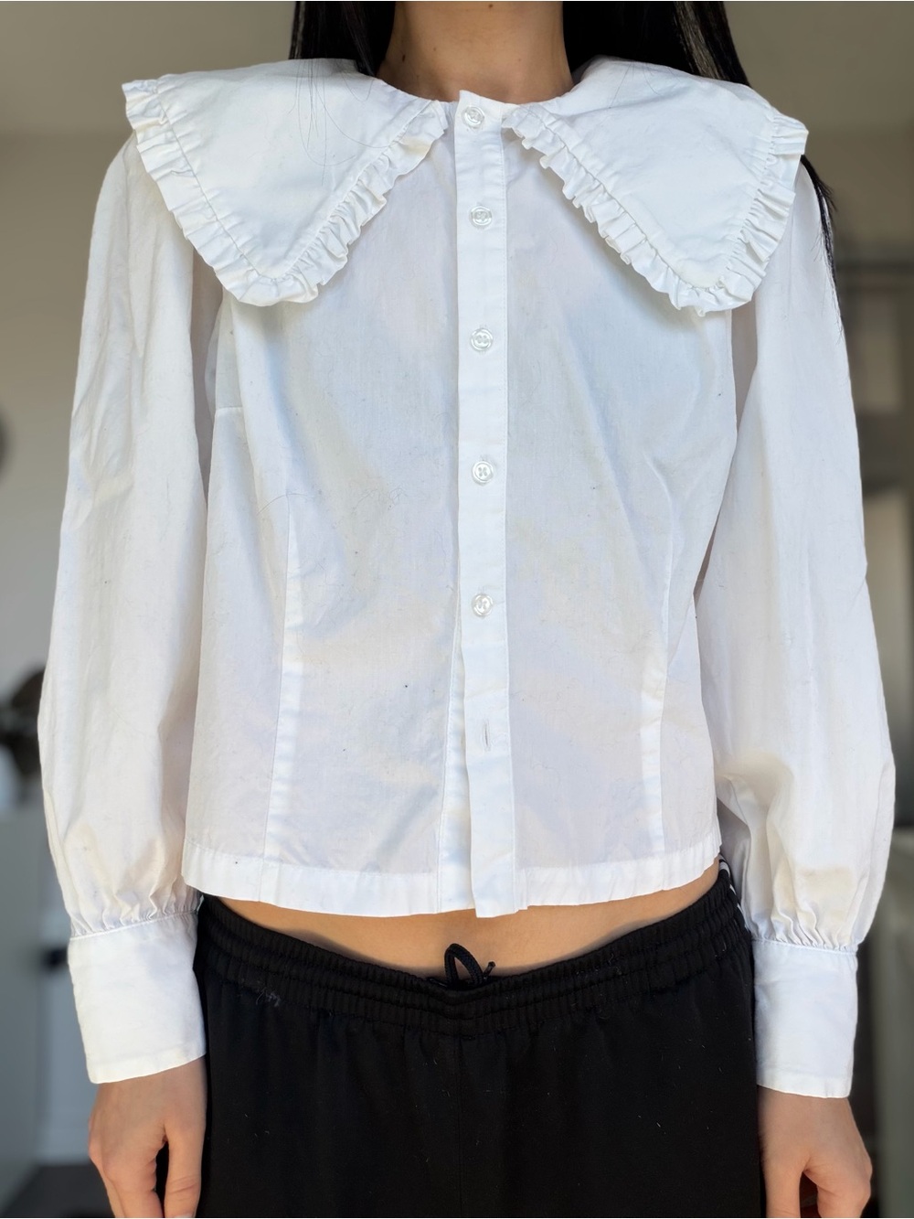 H&M White Ruffle Collar Button-Down Shirt
